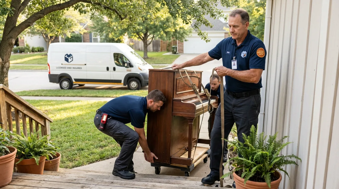 Licensed piano movers securing grand piano in Dover, PA