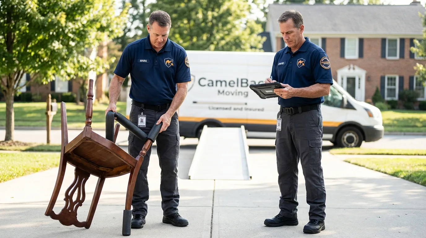 Movers inspecting furniture for damage prevention before loading in Dover, PA