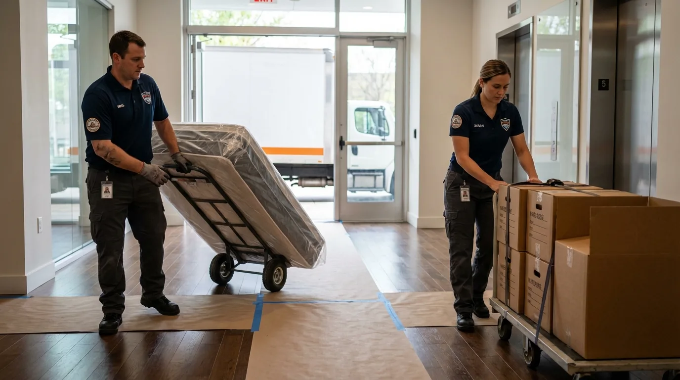 Professional apartment movers loading elevator in Dover, PA